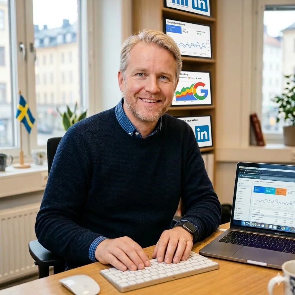 Mann mit blondgrauem Haar und Bart in dunkelblauem Pullover am Schreibtisch mit Tastatur und Laptop; an der Wand Bildschirme mit Google- und LinkedIn-Auswertungen