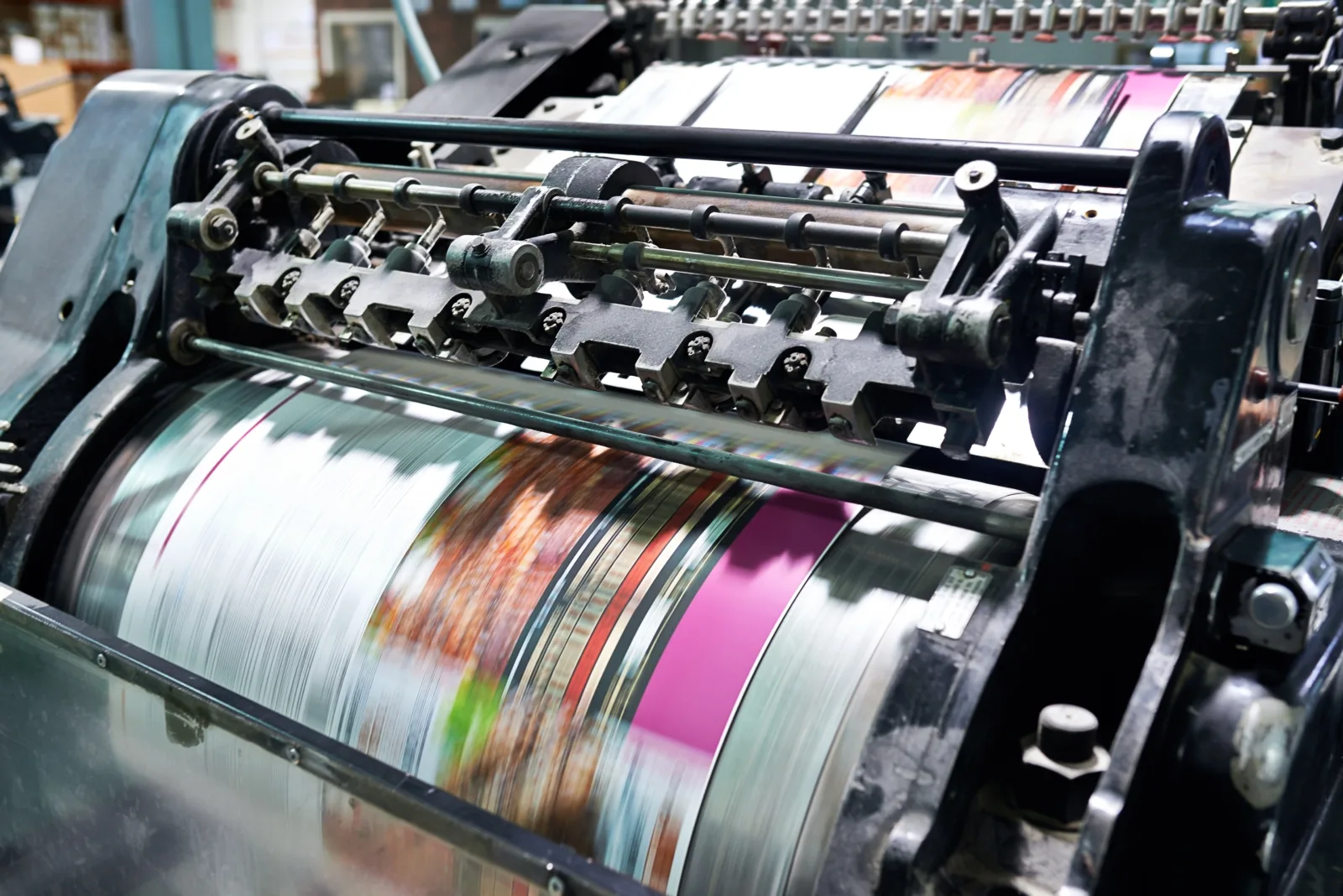 Druckwerk einer Offsetmaschine, auf den Walzen Magenta und weitere Druckfarben