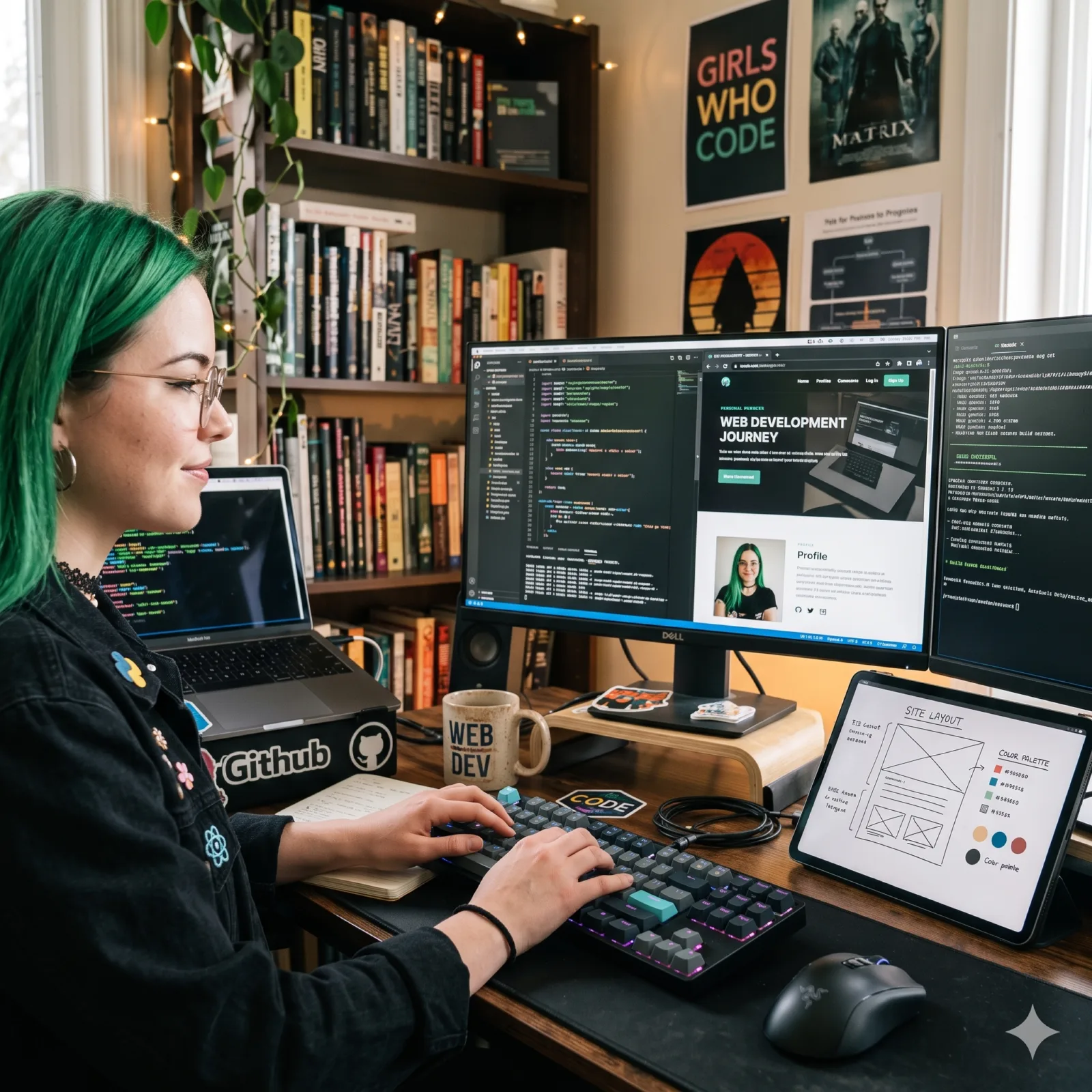 Eine Entwicklerin tippt an einem Arbeitsplatz mit drei Bildschirmen voller Code und einer Website, dahinter ein Bücherregal